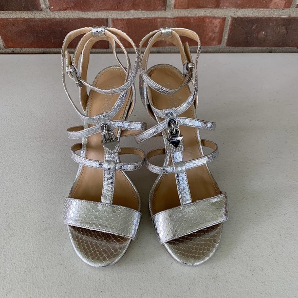 MICHAEL Michael Kors Silver Snake Open Toe Strappy Heeled Sandals Women's US 6M - Picture 2 of 7
